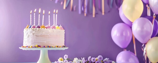 Lilac birthday party backgrounds, birthday cake with lighted candles, balloons aside, decorated celebration light purple background with copy space, for greeting cards, banners, and birthday wallpaper