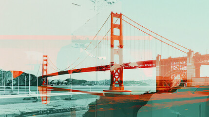 Golden Gate Bridge . double exposure contemporary style minimalist artwork illustration. 