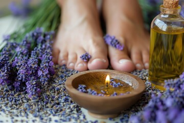 Close-up of feet amidst lavender flowers with a candle and essential oil during an aromatherapy...