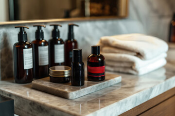 Close-up of men's skincare products neatly arranged on a stylish marble bathroom countertop