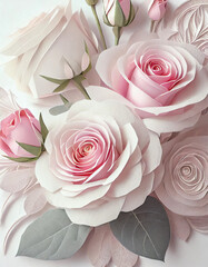 Pink and White Roses in 3D with Ample Copy Space
