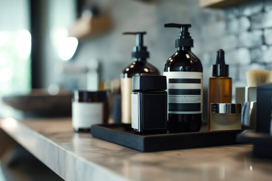 Close-up of men's skincare and grooming products arranged on a shelf