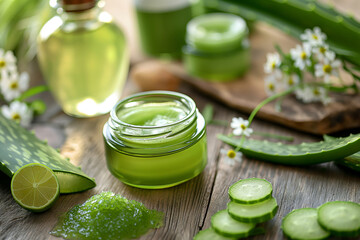 Close-up of aloe Vera gel and skincare containers with fresh plants on a wooden surface