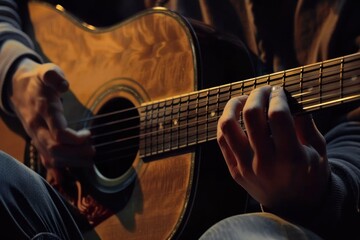 Obraz premium Close up shot of a person playing a guitar, perfect for music-related designs