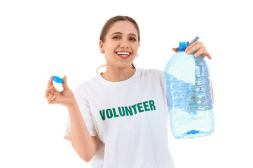 Female volunteer with plastic bottle on white background. Waste sorting concept