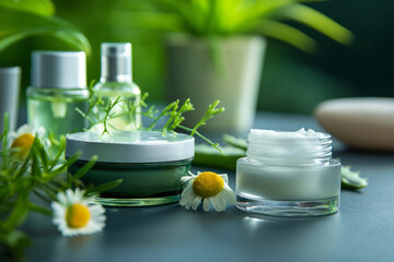 Close-up of eco-friendly skincare items with fresh herbal ingredients