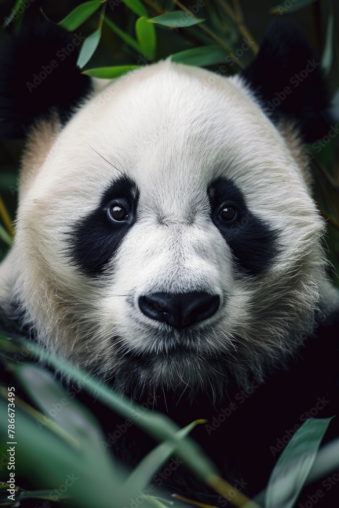 Poster close up of a panda bear in a tree, suitable for wildlife and nature concepts