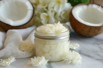 Obraz na płótnie Canvas DIY coconut oil moisturizer in a glass jar surrounded by white flowers and coconut halves