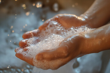 The importance of daily handwashing with foaming soap for personal hygiene and cleanliness to keep hands healthy and preventive care - Powered by Adobe