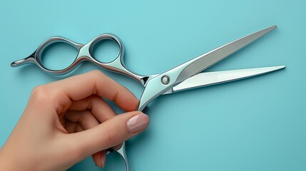 Blue background with a hand holding a hairdresser's scissors - obrazy, fototapety, plakaty