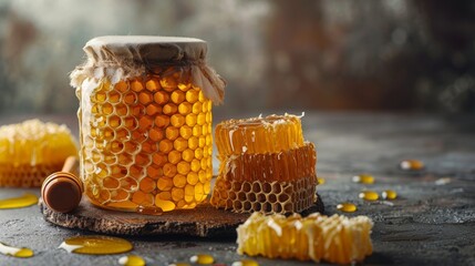 A gray background composition featuring honeycombs, honey, and jars - obrazy, fototapety, plakaty