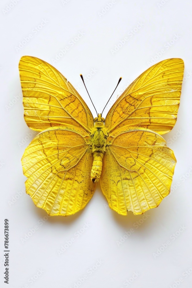 Poster close up of a yellow butterfly on a white surface. suitable for nature and wildlife concepts