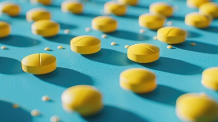 Pile of yellow pills on a bright blue background. Ideal for medical or pharmaceutical concepts