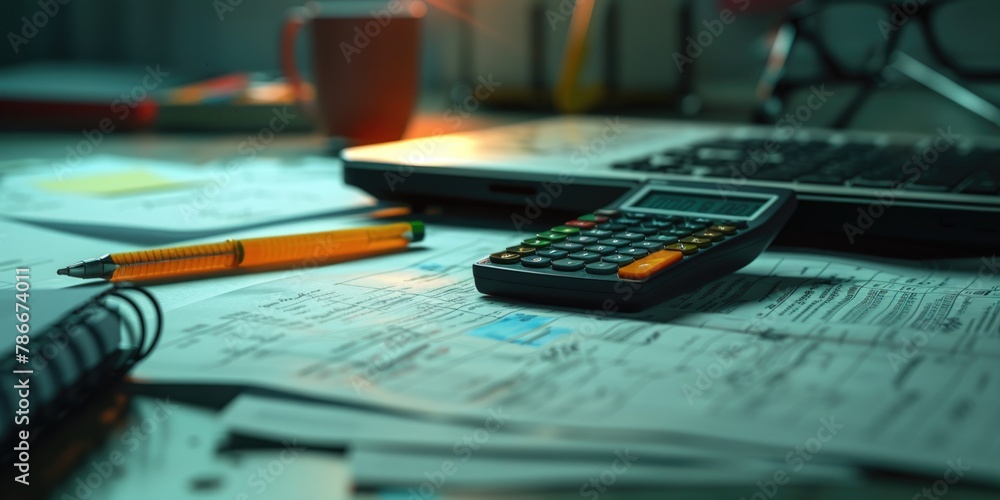 Poster Office desk setup with calculator and keyboard