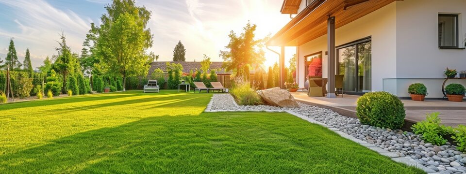 Garden home with green grass turf for lawn landscaping Copy space image Place for adding text or design