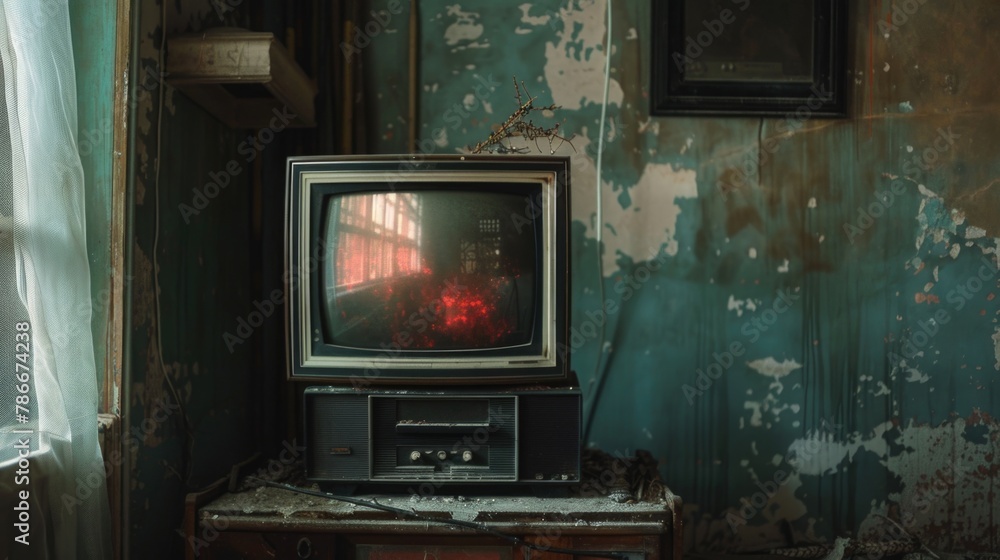 Poster An old television set placed on a wooden table, suitable for retro themes