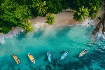 Stunning Aerial View of Tropical Beach with Anchored Boats and Swaying Palm Trees
