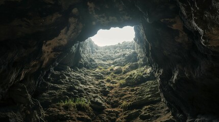 Sunlight floods a rugged cave mouth, highlighting the scattered greenery and textured rocky terrain within. - obrazy, fototapety, plakaty