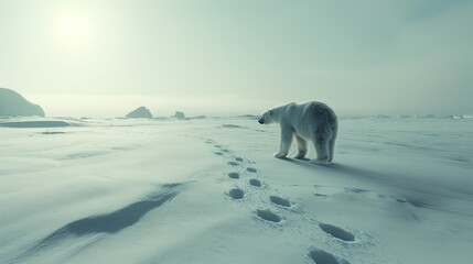 A solitary polar bear treads across a vast, snowy landscape under a hazy Arctic sun, leaving a trail of paw prints.