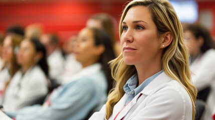 Focused Female Medical Professional Attending
Conference, Healthcare Education, Blurred Audience in Background