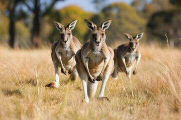 Naklejka na ściany i meble Lively kangaroos hopping in the Australian outback, Experience the energy and vitality of kangaroos as they bound across the rugged terrain of the Australian outback
