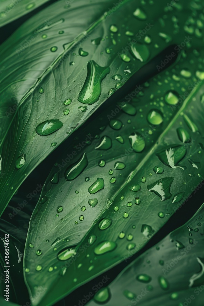 Poster close up of a green leaf with water droplets. suitable for nature and environment concepts