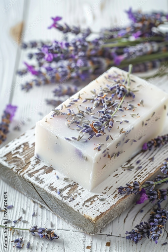 Poster A bar of soap resting on a wooden surface. Suitable for hygiene and cleanliness concepts