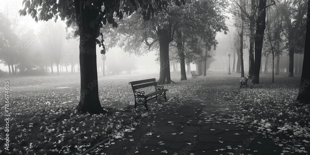 Poster a black and white photo of a park bench. suitable for various design projects