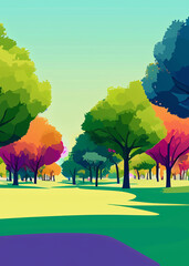 grand parc avec des arbres aux couleurs de l'automne avec petits chemins de terre en dessin ia vecteur