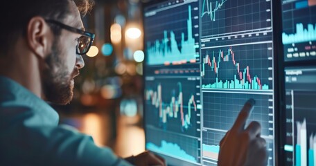 Financial Analyst Analyzing Stock Market Data, Trading Strategy and Market Trends on Monitor - obrazy, fototapety, plakaty