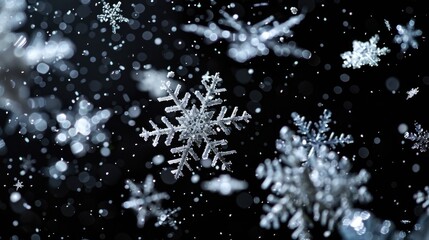 Snow flakes falling down on a dark background. Suitable for winter themed designs