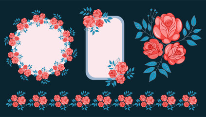 Red roses frame , border set, isolated on the dark background coquette floral decoration. Vector illustration