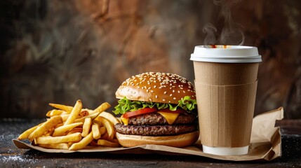 A delicious hamburger and fries served with a cup of coffee. Perfect for food and beverage concepts