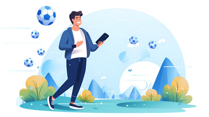 Soccer football sports betting. A man on a smartphone makes bets at online bookmakers. flat modern illustration in blue colors on white background with copy space