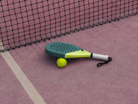 Padle Tennis Racket and Ball on Floor Beside Court Net