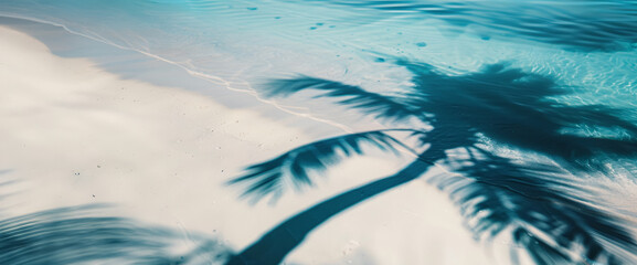 Shadow of some palm trees reflecting in the water of a beach - copy space