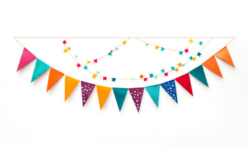 Obraz premium Multicolored holiday garland with triangular decorative holiday flags on white background. Party decorations. Copy space