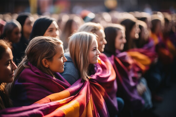 Diverse crowd at outdoor event wrapped in colorful cloth
