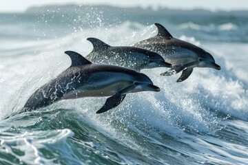 Playful dolphins leaping through ocean waves, Experience the sheer delight of watching dolphins as they joyfully leap and play in the ocean's embrace