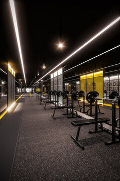 Modern gym interior design. Industrial gym concept design. 3D Rendering, 3D Illustration