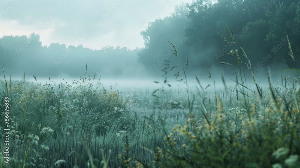 Poster a serene landscape with fog covering a field of tall grass and trees. suitable for nature and outdoo