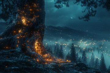 A tree with bark that glows softly in the moonlight, illuminating the surrounding forest with an...