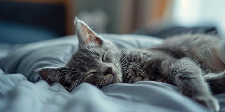 Peaceful image of a cat sleeping on a white bed. Perfect for pet lovers or relaxation concepts