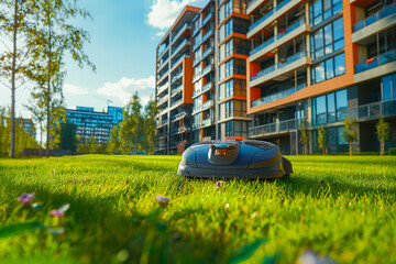Automatic robotic lawn mower moving on green lawn near modern residential apartment building houses. Automated smart grass lawn mower robot working in sunny summer day. Urban city background