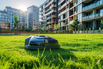Automatic robotic lawn mower moving on green lawn near modern residential apartment building houses. Automated smart grass lawn mower robot working in sunny summer day. Urban city background