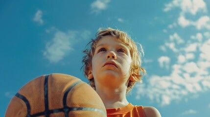 A young boy holding a basketball against a clear blue sky. Ideal for sports and outdoor activities concepts