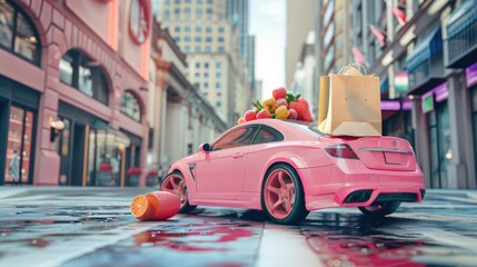 Pink toy car with a bunch of fruit on top