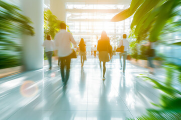 Bright business workplace with people in walking in blurred motion in modern office space. Green...