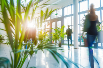 Bright business workplace with people in walking in blurred motion in modern office space. Green plants.