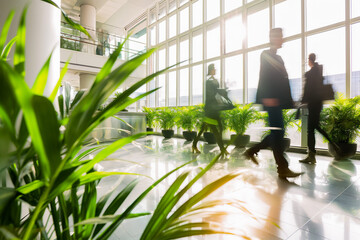 Bright business workplace with people in walking in blurred motion in modern office space. Green...